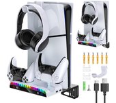 Kit de Montaje en Pared para Consola PS5 Slim/PS5-Estación de Carga Doble Compatible con Accesorios Playstation 5 -15 Luces RGB-3 HUB USB-Soporte para Auriculares