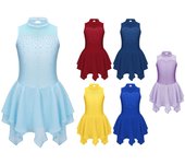 Disfraz de patinaje sobre hielo para niñas, sin mangas, con decoración de diamantes de imitación, estilo patchwork, vestido con espalda hueca 5-6 Years azul claro
