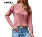 Blusa de mujer de primavera y otoño Top informal de manga larga con cuello en V y botones S negro