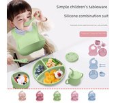 Juego de vajilla de silicona para niños: Plato, cuenco, tenedor, cuchara y babero resistentes a roturas (5 piezas)