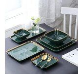 Plato de cena de cerámica verde oscuro de lujo moderno, vajilla de cocina para el hogar con borde dorado, plato de pasta para carne de porcelana, juego de vajilla