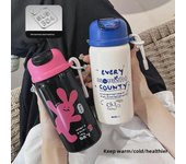 Taza térmica portátil de acero inoxidable con pajita y dibujos animados para estudiantes 420ml