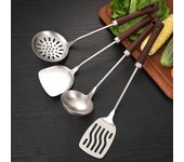 Cuchara sopera de acero inoxidable con mango de madera, colador, espátula, pala para freír, utensilios de cocina para el hogar, accesorios de cocina, utensilios de cocina