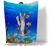 Manta de franela con temática de gato creativo para buceo submarino, suave, ligera y cálida para sala de estar, dormitorio, cama, sofá, regalo para niños y adultos 80*120cm