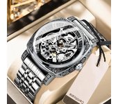 Reloj mecánico vintage plateado con diseño deportivo y bisel para hombre, reloj de lujo de primera marca, reloj automático con esqueleto para hombre