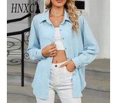 HNXC Blusas y camisas con cuello POLO de manga larga con estampado de Color sólido informal a la moda para mujer Otoño Invierno S azul cielo