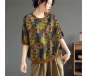 Johnature Camisetas casuales vintage para mujer, camisetas holgadas de manga corta con cuello redondo One Size café