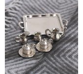 Juego de vajilla con bandeja para té y café de Metal plateado en miniatura para casa de muñecas, 10 Uds., 1/12