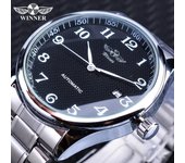 Winner camiseta nueva para hombre, reloj sencillo a la moda, correa mecánica automática, calendario, correa plateada de acero inoxidable, correa de PU gris