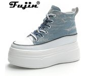 Fujin 8cm Denim cuero genuino mujer moda encaje hasta botines de primavera plataforma cuña señora otoño moda Zip zapatos de marca alta 34 negro