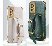 Funda de lujo para teléfono de cocodrilo, funda con soporte para correa de mano de cuero chapado para Samsung S24 S23 S22 S21 Ultra A15 A05 A05S A34 A54 A14 5G Samsung S21 blanco