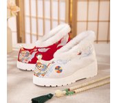 Botas de nieve de plataforma cálidas de invierno para mujer, botines cortos bordados con tacón de cuña grueso, mocasines antideslizantes con forro de piel sintética, zapatos para caminar para mujer 34 blanco