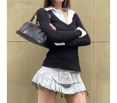 Camiseta de manga larga de dos piezas con cuello POLO estilo universitario para mujer con patchwork, corte entallado y efecto adelgazante, así como top base. S negro