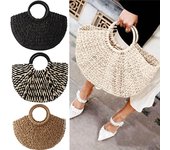 Mujer Ins Blogger con el mismo bolso de ratán tejido de paja semicircular One Size negro