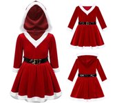 Niños Niñas Navidad Sra.. Vestido de Claus, fiesta navideña, disfraz de elfo, terciopelo, manga larga, cuello de payaso, adorno de pompones, vestido de baile 5-6 Years rojo