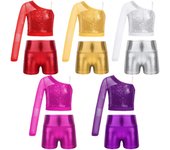 Top corto brillante de lentejuelas para niña con un hombro, manga larga de malla transparente y shorts metálicos de cintura alta, set de baile 9-10 Years oro