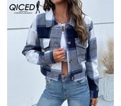 QICED Chaqueta estilo cárdigan a cuadros corta para mujer, otoño e invierno, estilo vintage S