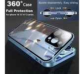 Funda de adsorción magnética de metal de 360 grados para iPhone 16, 15, 14, 13, 12, 11 Pro Max Plus, cubierta protectora de lente de cámara completa con hebilla de vidrio de doble cara For iPhone 15 Pro Max negro