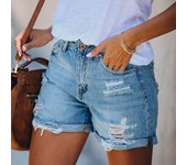 Pantalones Cortos de Verano para Mujer Rotos Cintura Alta Cierre de Botón y Cremallera Multibolsillos Dobladillo Plegado Ropa de Calle S azul claro