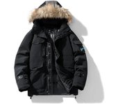 Parka de lana de invierno para hombre, abrigo holgado con capucha y cuello de cuero, cortavientos, gabardina de algodón gruesa y cálida L negro