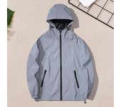 Chaqueta reflectante con capucha para hombre, de manga larga, resistente al viento, con cierre de cremallera, diseño de doble bolsillo, para escalada, senderismo y running M gris