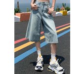 Pantalones vaqueros holgados estilo vintage americanos de verano para mujer, pantalones vaqueros de pierna ancha y cintura alta lavados para mujer, pantalones cortos holgados de corte A de color azul claro XS