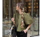 Blusa de mujer con mangas abullonadas, camisa de satén lisa, nueva primavera verano, mangas femeninas, cuello redondo, camisa corta holgada, blusas para mujer S