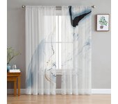 Cortinas para sala de estar de tul azul de mármol abstracto, cortinas modernas de gasa transparentes para cocina 135W x 114H(cm)