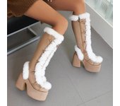 Botas de media pantorrilla con plataforma y tacón alto súper grueso de piel GIGIFOX para mujer, botas casuales cálidas con cordones y cremallera lateral y punta redonda de gamuza sintética 7.5