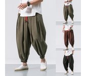 (Proyector)Pantalones casuales de lino y algodón a la moda para hombre, mallas elásticas con piernas anchas sueltas L verde del ejército