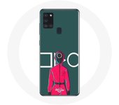 Coque Samsung Galaxy A21S Squid Game Soldat Rouge avec Masque Cercle Fond Vert