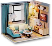 Kit de casa de muñecas en miniatura hecho a mano de Moin Moin, moderno y elegante, modelo de habitación, elegante, sala de estar pequeña para principiantes, juego de estuche de acrílico con luz LED + azul