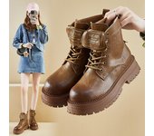 Botines con cordones para mujer, botines cortos con plataforma gruesa y suela gruesa, botines de media pantorrilla con punta redonda para mujer, botas de combate para senderismo sin cordones para otoño e invierno 35 marrón claro