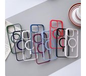 Funda magnética transparente para carga inalámbrica Magsafe para iPhone 16, 15, 14, 13, 11, 12 Pro Max, carcasa rígida de silicona transparente para PC iPhone 14 azul