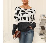 Suéter de punto con estampado de leopardo para mujer, con una solapa, informal, para otoño e invierno S blanco/negro