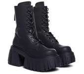 Botas de plataforma de marca de moda para mujer, botas de moto, botas militares de media pantorrilla, cinturón gótico, zapatos punk, hebilla de metal 35 negro