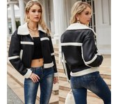 Chaquetas de piel sintética de ante para mujer, abrigo corto con cremallera de solapa y forro polar de felpa, chaqueta bomber cálida a prueba de viento de manga larga, ropa exterior holgada S marrón