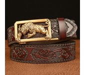 2024 Cinturón de moda para hombre Cinturón de cuero Coskin Patrón de tigre floral tallado para hombre Cinturón con hebilla dorada para pantalones vaqueros 110cm negro