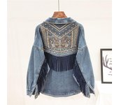 Chaqueta bomber vaquera con bordado floral y flecos de ante, abrigo holgado, chaqueta de manga larga para mujer L azul claro