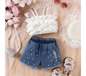 Conjunto de moda de verano para niñas, con volantes, encaje, tirantes pequeños, pantalones cortos vaqueros rotos con cuentas 7Y color rosa