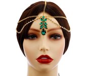 Tocado con colgante de cristal verde bohemio para cejas, cadena para la frente, diadema con gotas de agua, accesorio étnico para el cabello de novia. oro