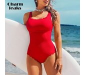 Charmleaks Trajes de baño de una pieza para mujer, sexy, cuello en U, color sólido, monokini push up XL rojo