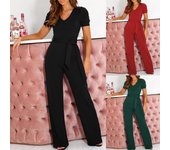 Mono de cintura con tirantes para pantalones de pierna ancha y mangas cortas con cuello en V de color liso para mujer S rojo