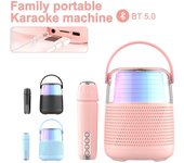 Mini altavoz de karaoke con luces de colores para el hogar, altavoz portátil con Bluetooth para niños y micrófono inalámbrico, altavoz familiar color rosa