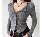 Cárdigan de punto Y2k para mujer, suéter con cuello, abrigo vintage de manga larga, top de un solo pecho, moda de otoño para niñas, jersey de punto S rosa brillante
