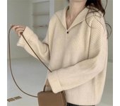 Otoño e Invierno suéter de mujer suéter de punto con cuello POLO pulóver fino suelto viento perezoso Tops de manga larga One Size color rosa