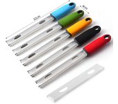 10 ralladores de limón y queso (jengibre, ajo, nuez moscada y chocolate). Cuchilla afilada de acero inoxidable + funda protectora. Apto para lavavajillas.