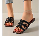 Zapatillas planas huecas para mujer, estilo retro, con punta abierta, zapatos de verano, zapatillas de playa informales al aire libre 35 negro