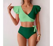 Conjunto de bikini de 2 piezas para mujer, con escote en V y mangas con volantes, sujetador y braguitas de natación de cintura alta S negro