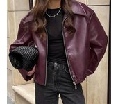 Chaqueta de cuero de calle para mujer, color rojo vino, cuello vuelto, manga larga, abrigos de PU para mujer, cremallera de bolsillo vintage, ropa de calle para mujer para motocicleta S rojo vino